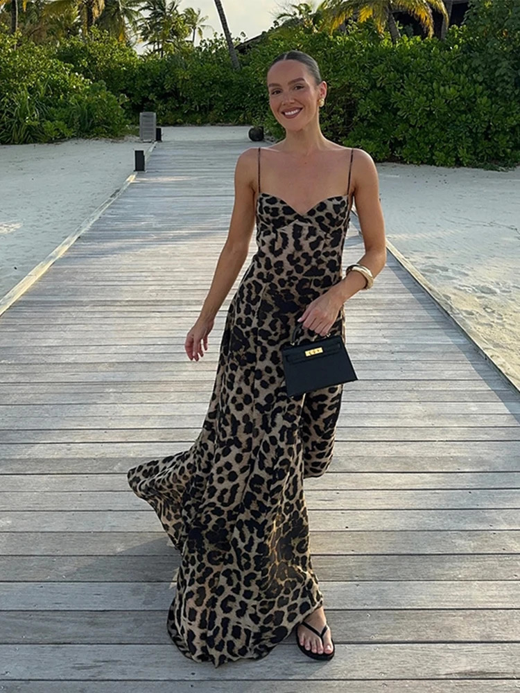 Elegant Leopard Slip A-line Long Dress Women Y2K Backless Tube Tops Floor-length Beach Vacation Robes 2025 Summer Lady Dresses 250319