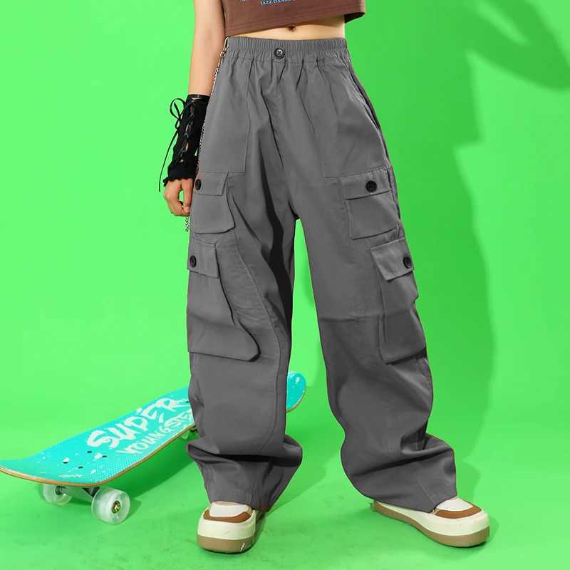 Black cargo pants teenage girls new summer streetwear hip-hop straight Trousers and multi pocket children aged 6 8 10 12 and 14T250318