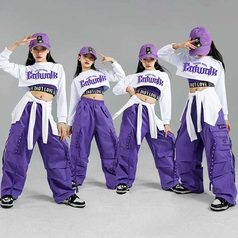 Hip Hop Girls Fashion K-pop Crop Top Purple Cargo Pants Children Street Dance Outfits Kids Streetwear Group Jazz Clothes SetsT250318