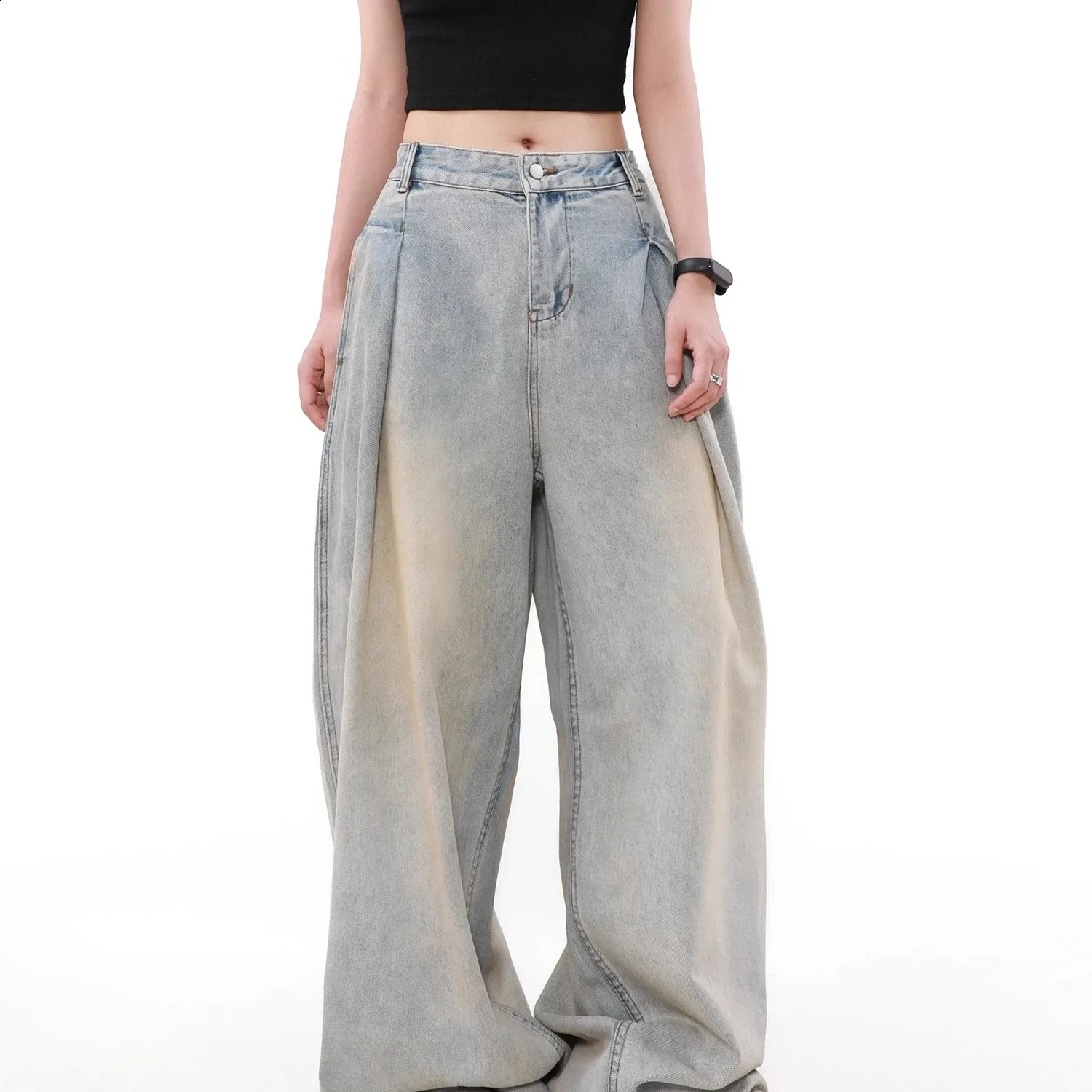 n sense American washed straight leg denim jeans foldable loose fit lazy style couple pants floor length long 250319