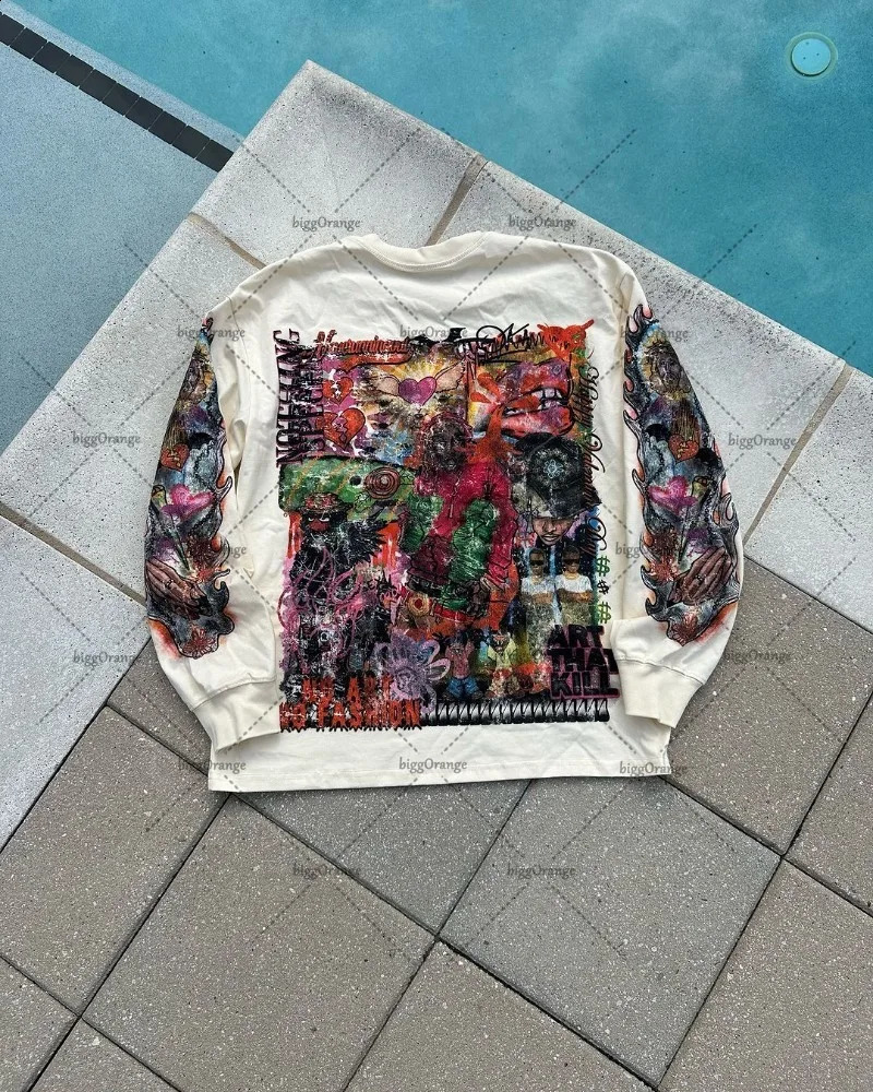 Y2K Harajuku Retro Trendy European and American Gothic Punk Style Printed Floral Mens Rock Street Oversized Graphic Tshirt 250317