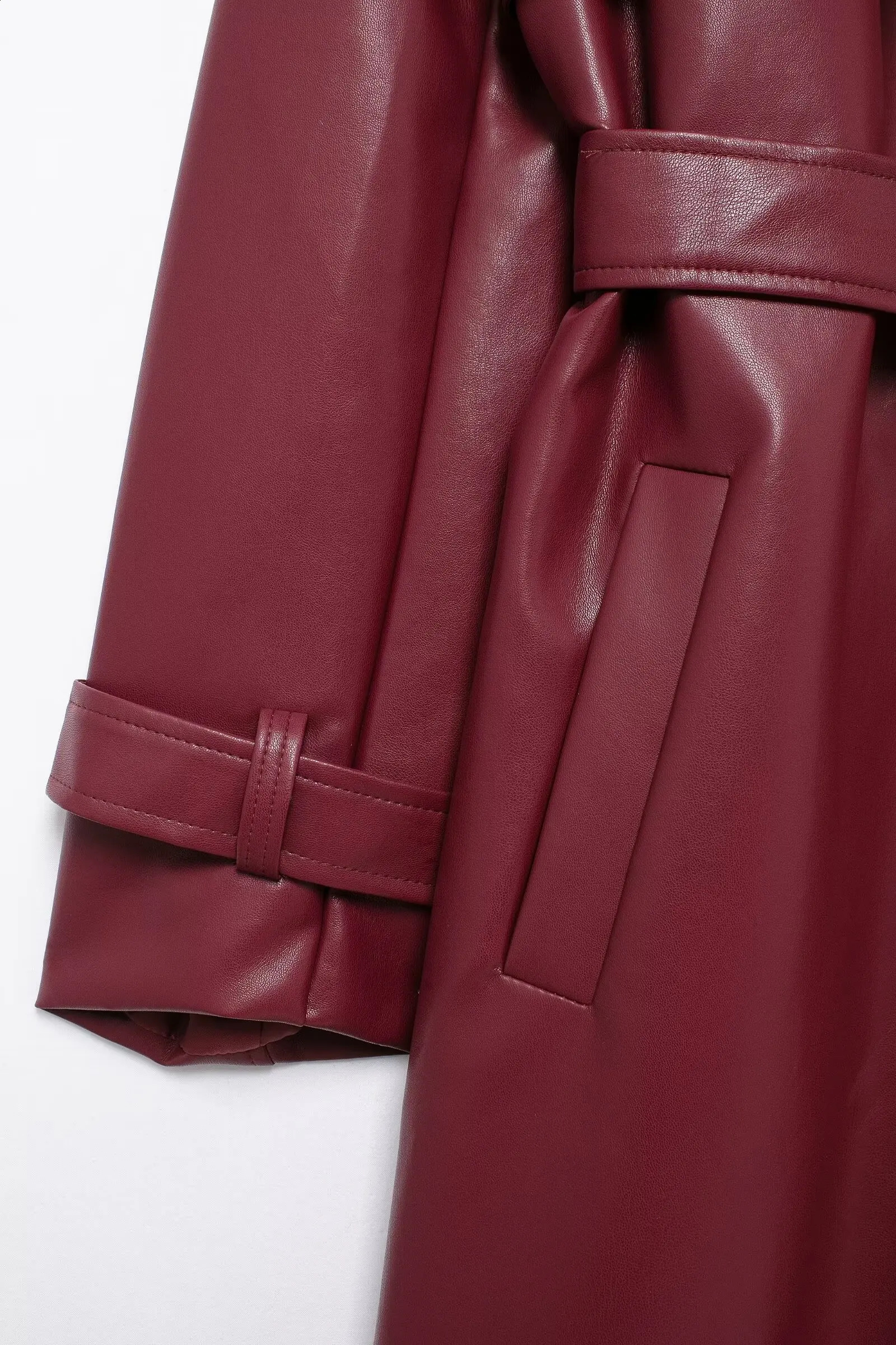 Womens vintage Burgundy synthetic leather Maxi long jacket with belt fashionable sleeves single perforated elegant PU groove 250319
