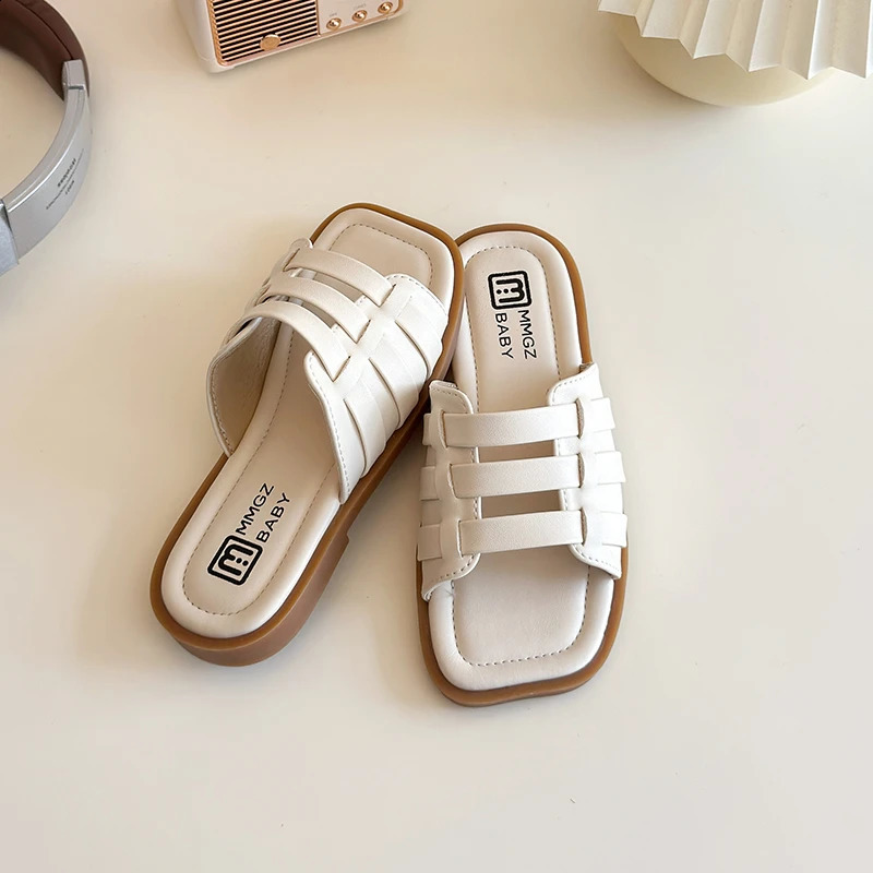Childrens slider woven hollow square toe PU leather childrens slider solid color fashion slider casual summer girls sandals 250318