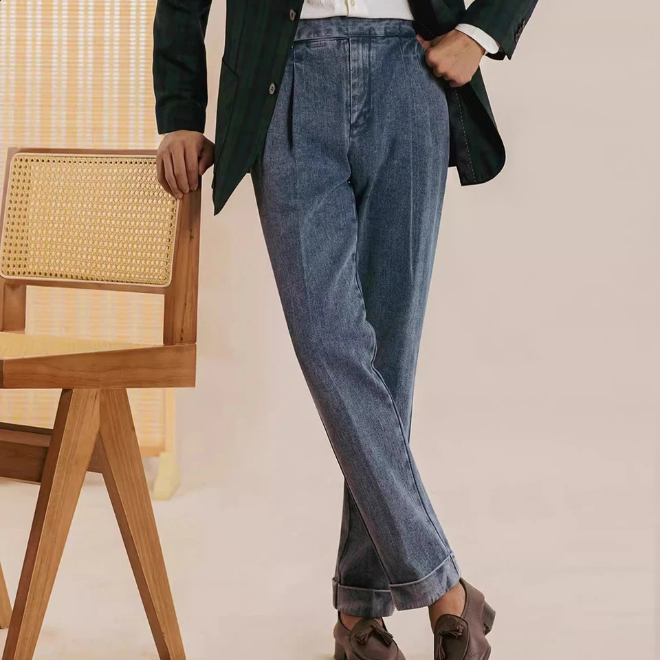 Mens Autumn Naples High Waisted Washed Double Pleat Jeans England Straight Solid Soft Pants Slim Fit Draped n 2025 250311