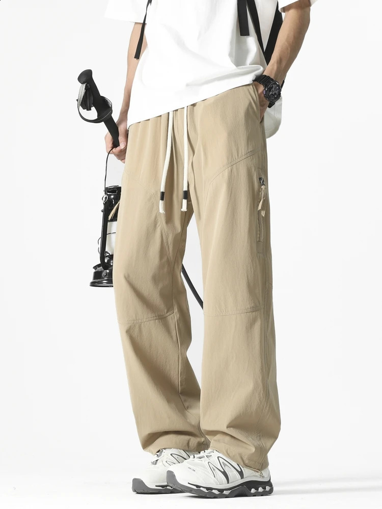 Summer mens casual pants Korean fashion outdoor zipper pocket wide leg straight three person walk loose and lightweight sports 250319