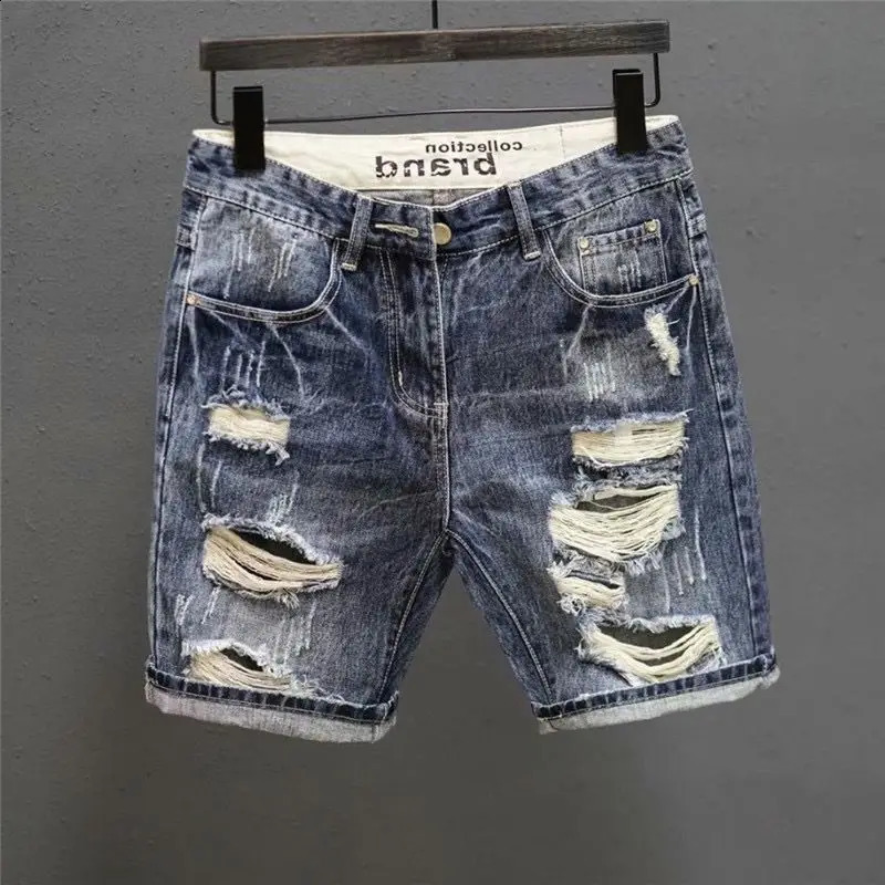 Fashion Vintage Korean Mens Summer Denim Shorts with Distressed Holes Slim Fit ner y Clothing Men 250317
