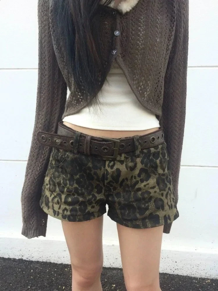 HOUZHOU Sexy Leopard Printed Denim Shorts Women Vintage Y2k Low Waist Gyaru Streetwear Summer Chic Female Retro Short Jeans 250319