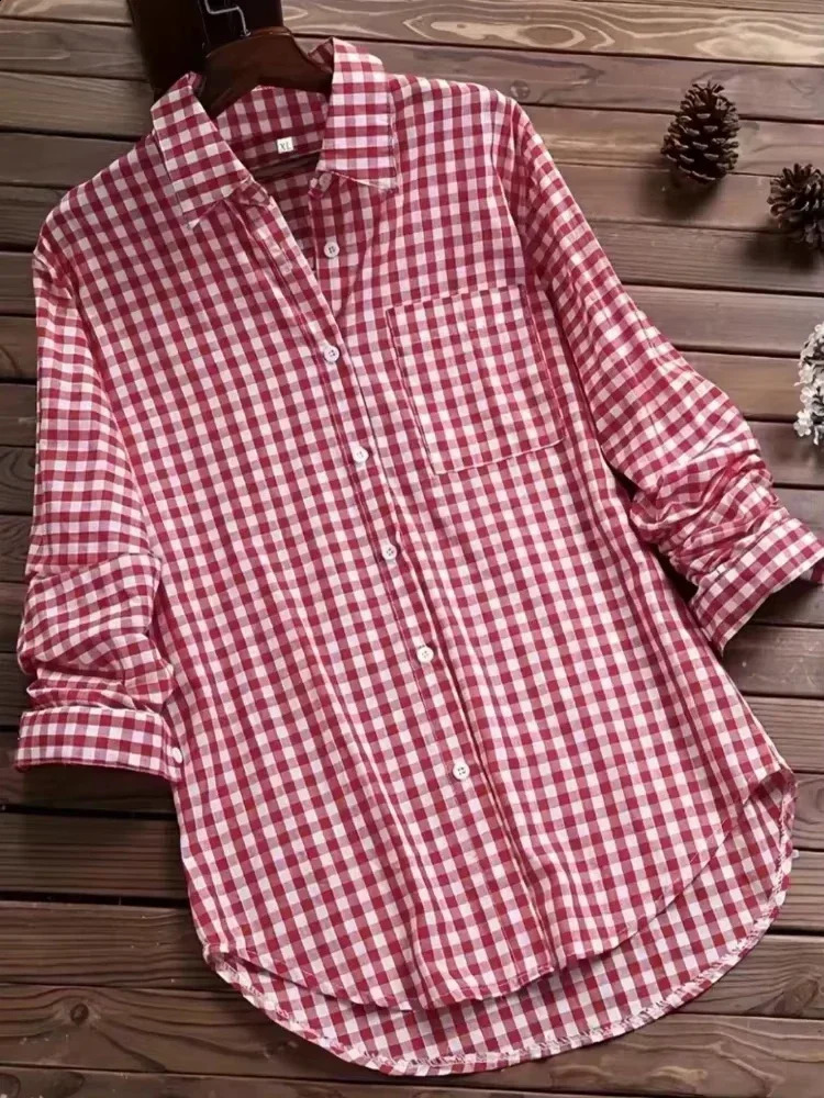 Plaid Womens Spring Fall Cotton Linen Long Sleeves Roll Up Striped Casual V Neck Button Down Shirts Blouses Collar Tunic Tops 250312