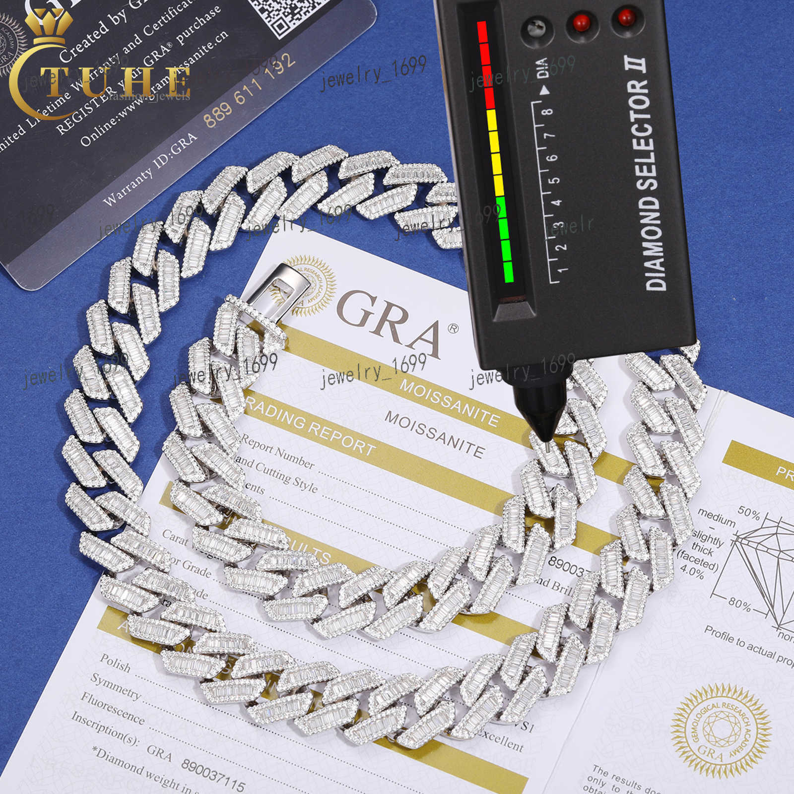 Pass Diamond Tester 14mm Baguette Moissanite Cuban Link Chain 925 Sterling Silver VVS Mossanite Diamond Iced Out Mens Necklace