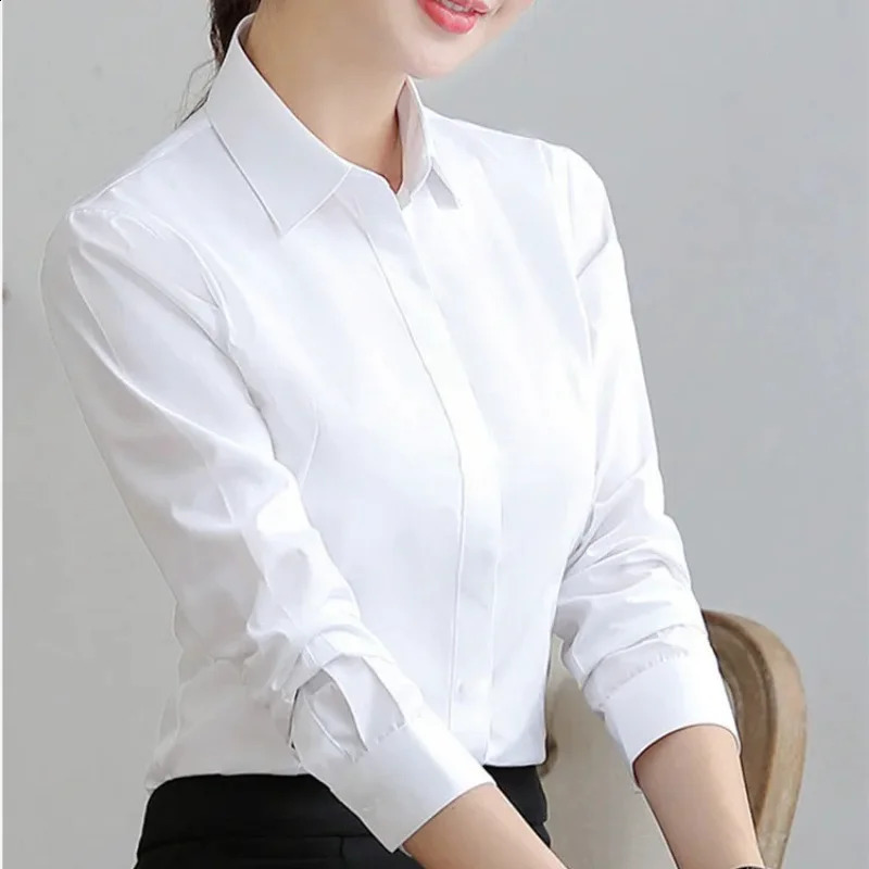 Elegant womens shirt white long sleeved office business pink button solid work top 250319