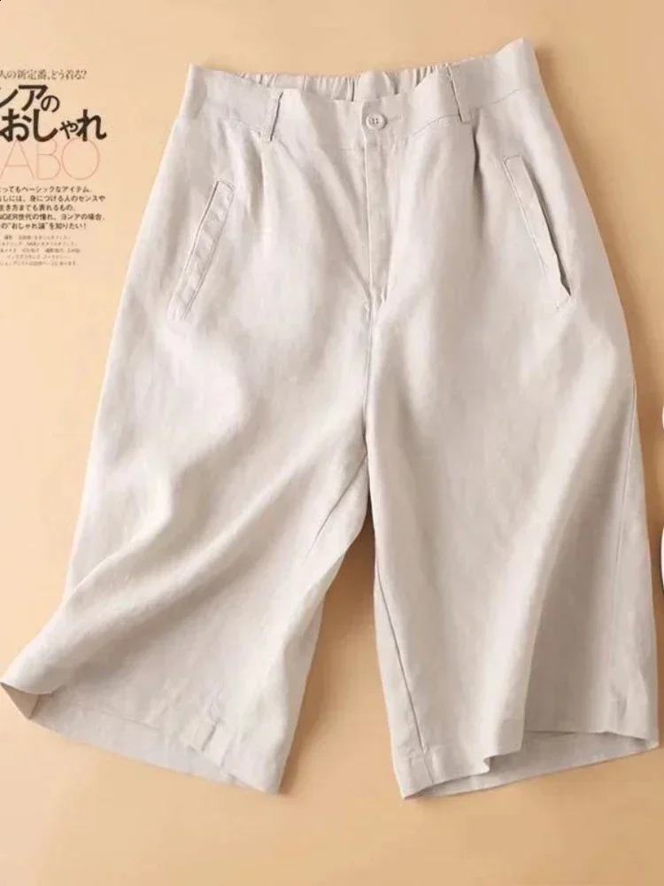 Linen Womens Summer Shorts Casual Elastic Waist White Shorts Solid Basic Loose Wide Leg Cotton Linen Women High Waist Short 250318