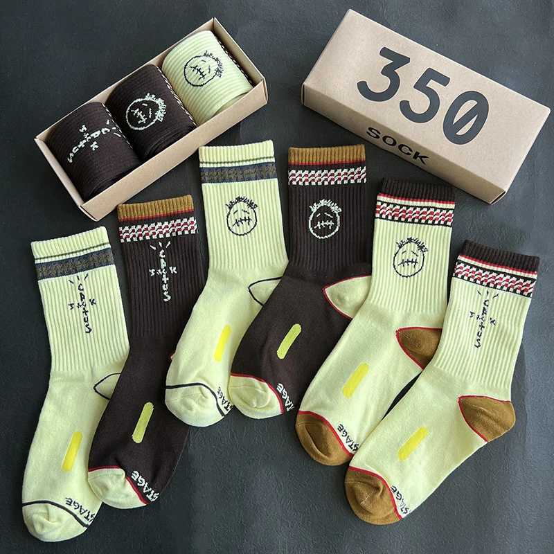 Mens SOCKS 3 Pair/Box SOCKS Cotton Sport Hip Hop Basketball Skateboard Brown /Yellow Sockken Mens Gift X250319