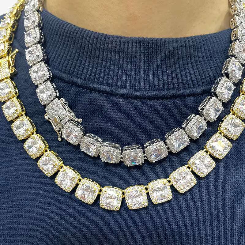 Cluster shaped tennis chain, sparkg jewelry, long stick bread, 10mm rhodium plated, gold-plated, clustered necklace, chocolate ice, cubic zirconia, me
