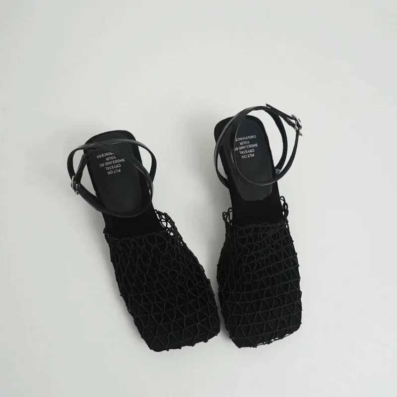 New Arrival Summer Luxury Designer Sandals Womens Lace Mesh Square Toe Shallow Narrow Strap Braided Slip-on High Heels Sandals T250318