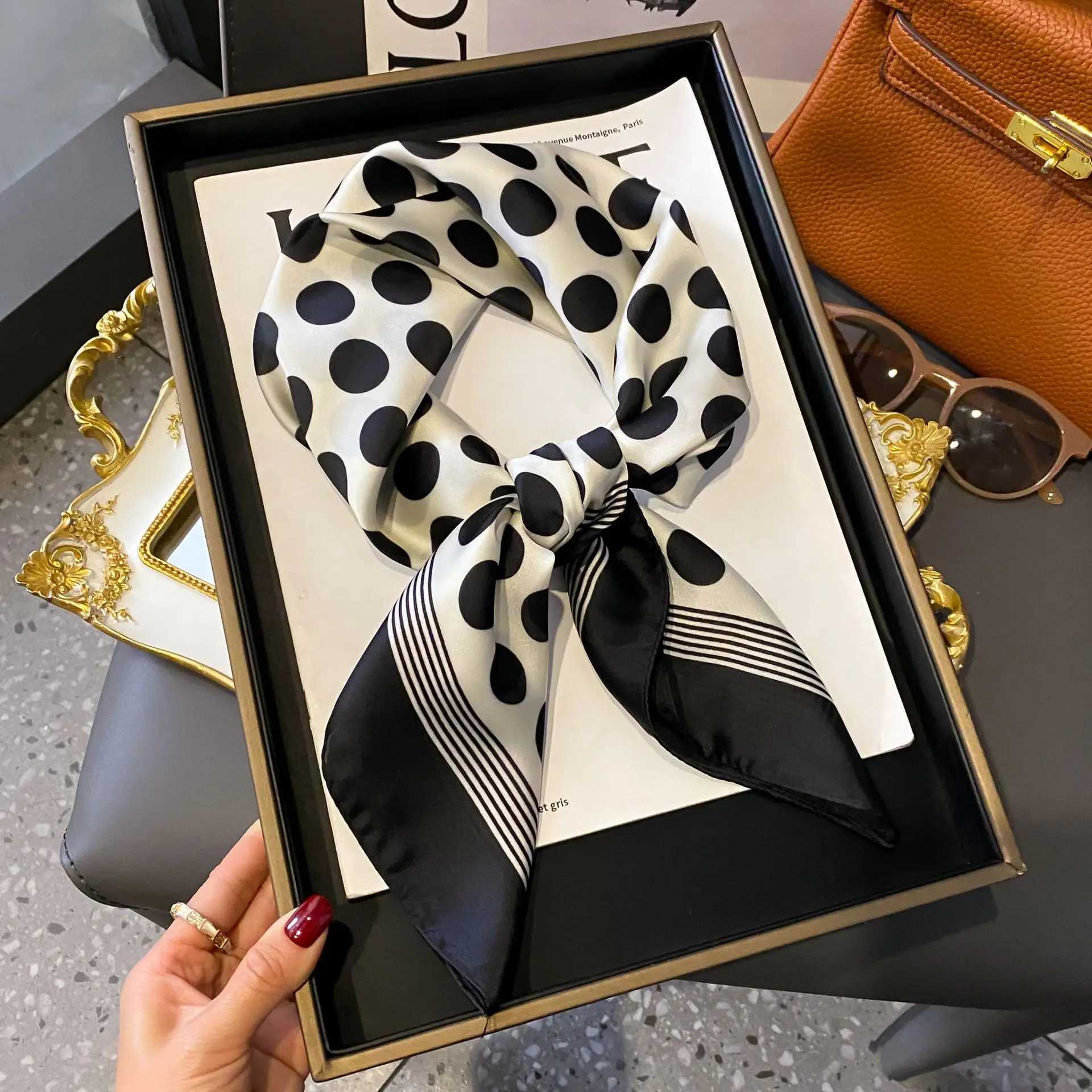 Wenzhou polka dot synthetic silk scarf fashionable square scarf neck accessories warm neck packaging headband elegant bag decoration X250319