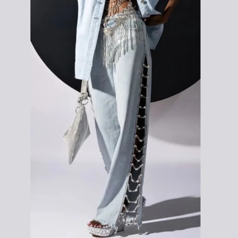 High waisted ripped womens summer thin side seam jeans denim long with diamond chain straight wide leg 250317