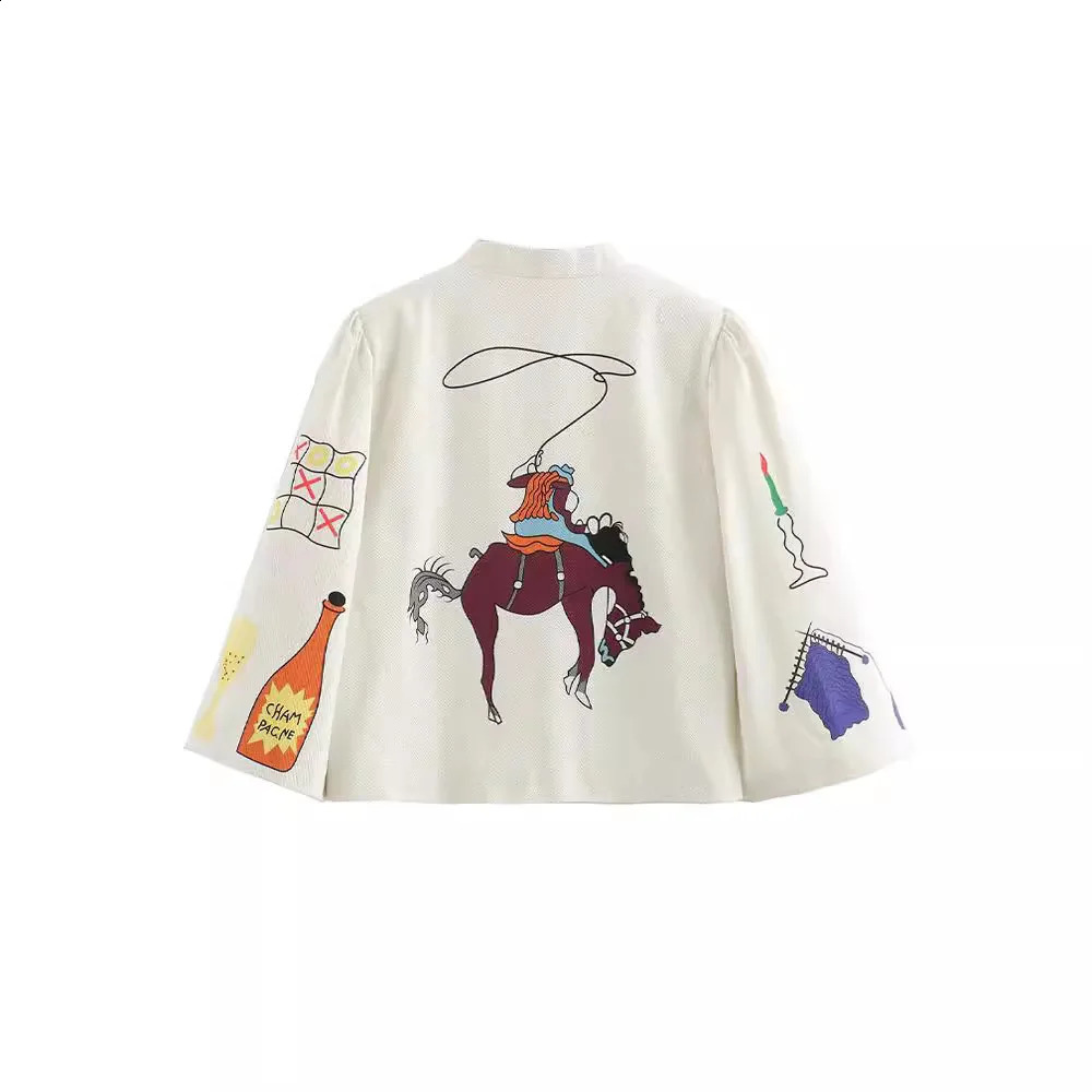 SpringSummer Cartoon Printed Baseball Womens Simple Round Neck Single Chest Casual Long Sleeve Jacket Coat 250317
