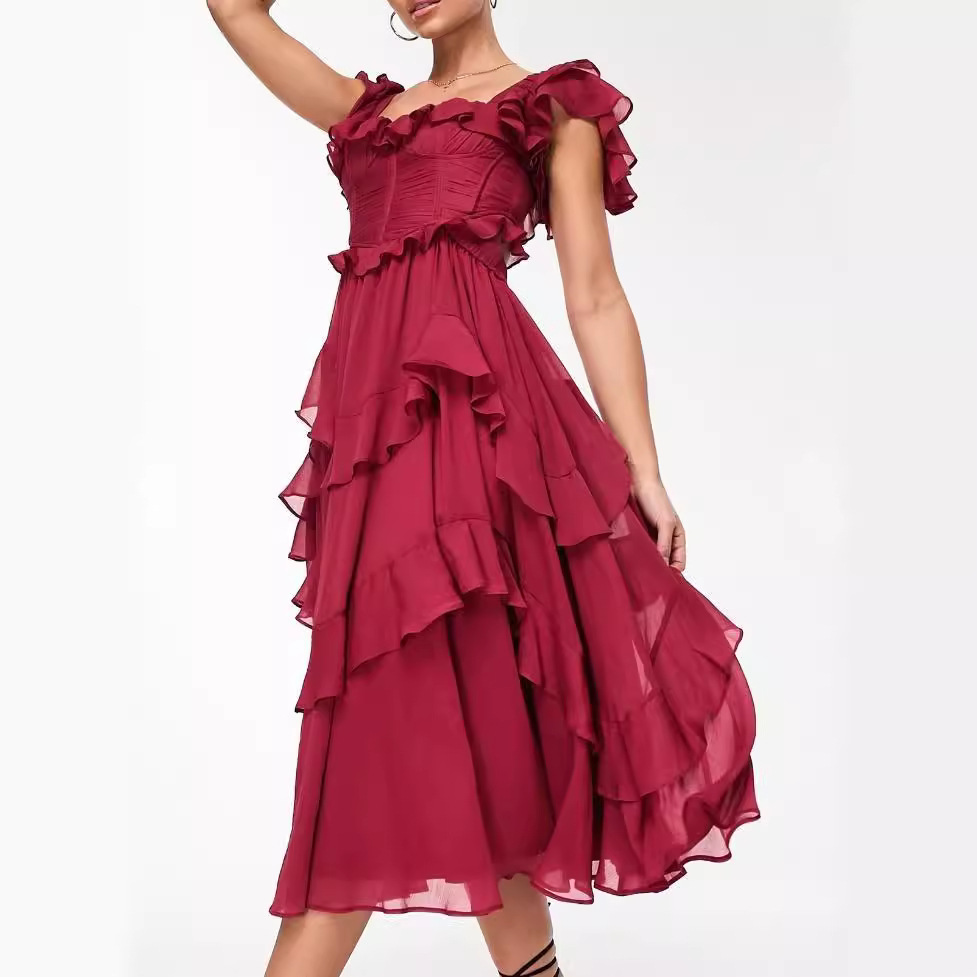 G6155 New style dress holiday dress lace backless hollow cake skirt ruffled pleated long skirt