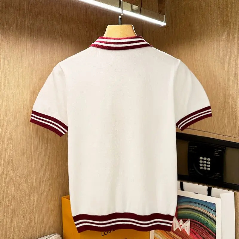 Summer Knitted Mens Polo Shirt Short Sleeve Collar T-shirt Splicing Work Color Fashionable Casual Top Slim Style 250317