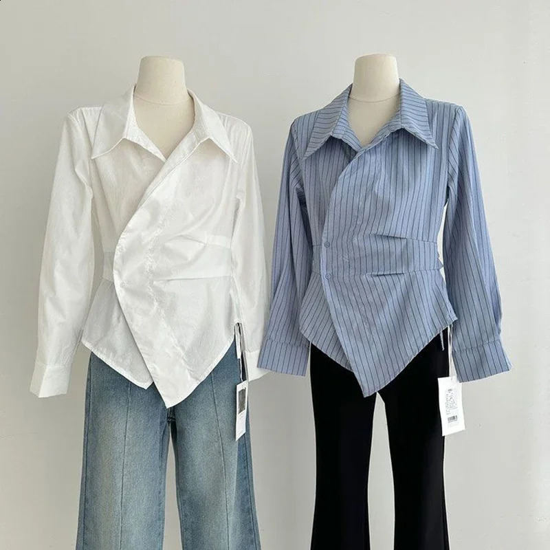Blue striped womens retro elegant irregular waist white top Korean long sleeved fashionable button ultrathin n 250319
