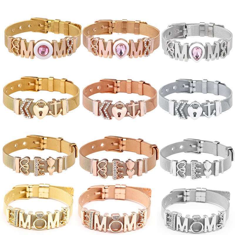 Endless LOVE MOM Slide Charm Mesh Bracelets Set Child Keeper Bracelets Bangles Stianless Steel For Woman Mother Gift