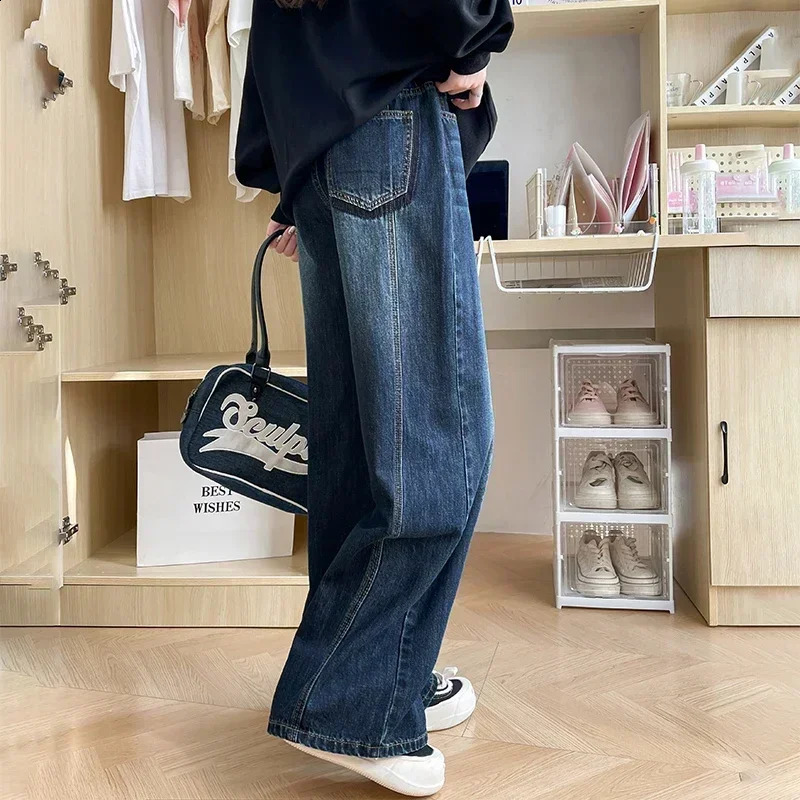 Retro Fashion Autumn Womens High Waist Jeans Loose Wide Legs Straight Denim Shorts Y2K Bagged Pants 250317