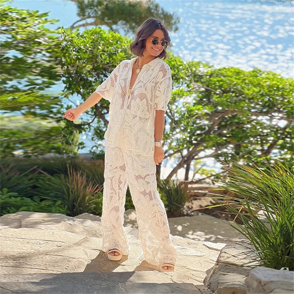 Womens Lapel Hollow-out Suit Short Sleeve Single Breasted Top Straight Leg Trousers Casual Sets Elegant Female Vacation 2PCS 250319