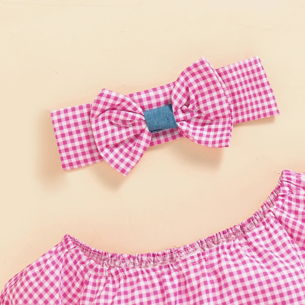 Summer Baby Girl Plaid ShortSleeved Top Denim Triangle Bag Bodysuits Headscarf Romper Clothes ThreePiece Sets 250319