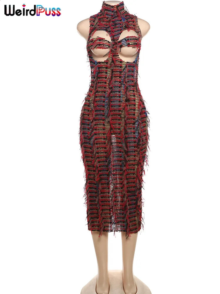 Weird Puss Sexy Hollow Dress Women Knit Colorful Tassel Backless Y2k Summer Trend Stretch Sleeveless Elastic Bodycon Clubwear 250319