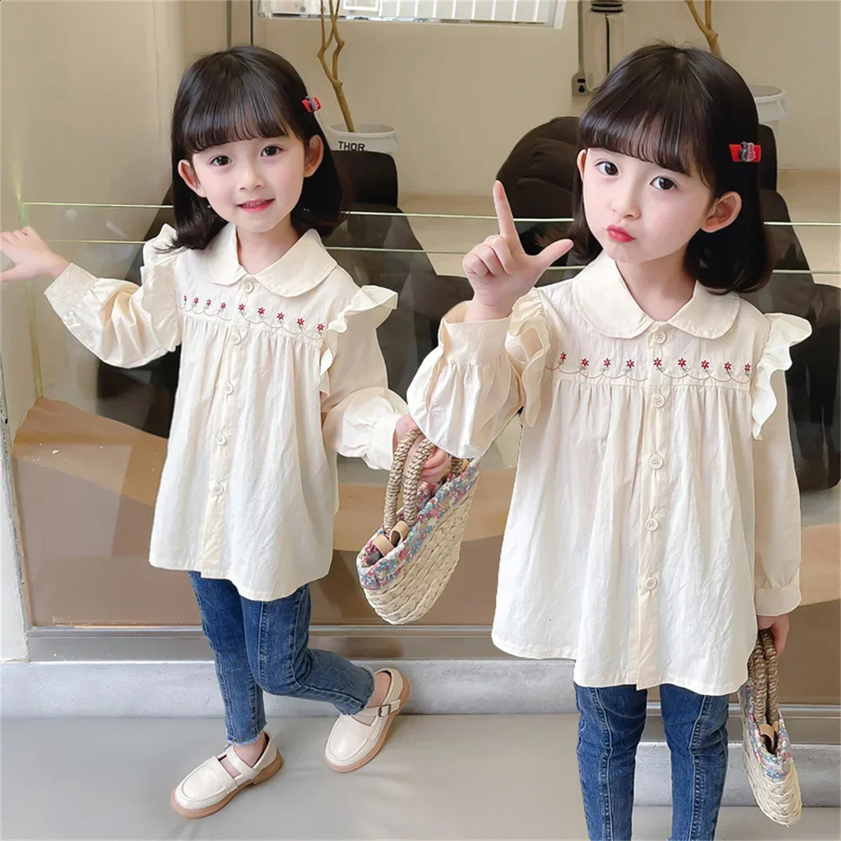 Girls 05 years old Autumn girls shirt lace pleated flower decoration doll collar 250319