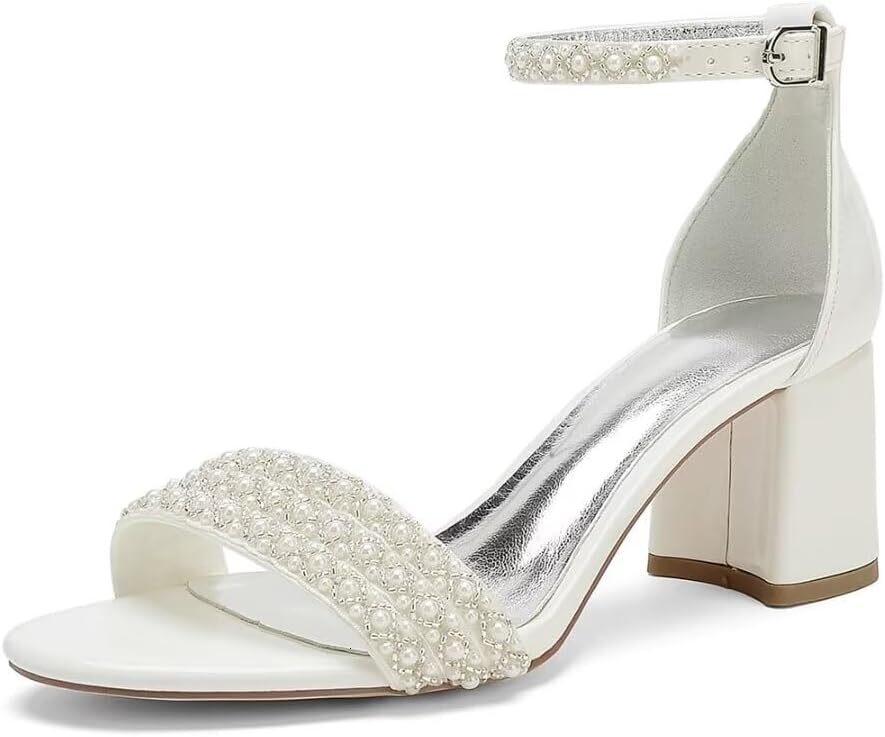 2025 New Designer sandals Thick heeled pearl wedding sandals with exposed toes, ankle strap, evening party, summer shoes
