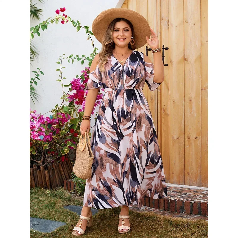 Plus size cold shoulder zipper Vneck womens dress short sleeved Aline bohemian pants casual loose vacation suit 250319