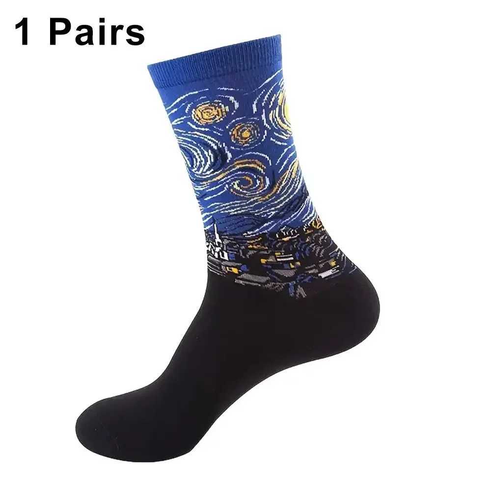 1 pair of mens retro abstract oil painting art socks shouting modern Van Gogh starry night happy oil painting comfortable skateboard socks X250319