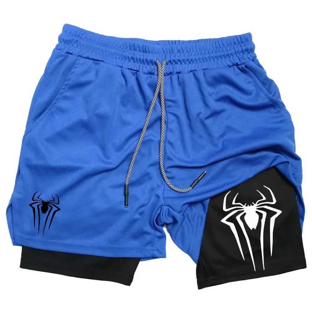 Mens spider printed compression shorts gym workout shorts Y2K with pockets 5 inches quick drying breathable 2-in-1 W250319