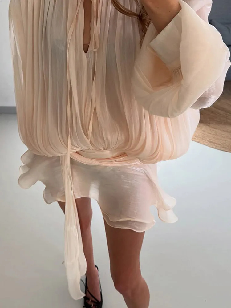 2025 Elegant Shiny Lace Womens Backless Ruffle Dress Fashion Solid Lantern Sleeve Aline Mini Street Vest 250319