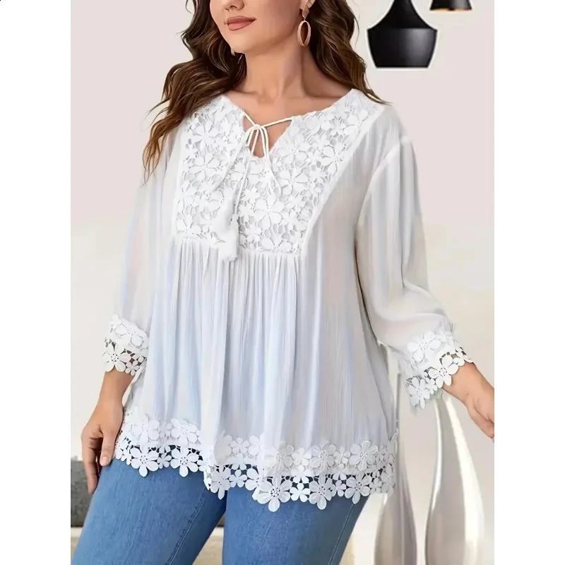 Plus Size 1XL5XL Womens Casual Solid Color Shirt Ladies Fashion Lace Trim Spring summer Blouse Top 250319