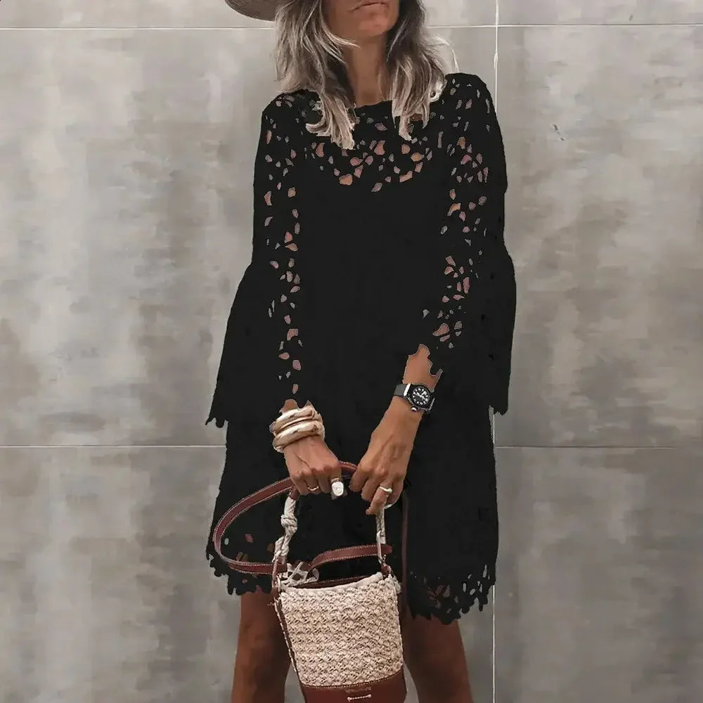 Lace Dress Sling Two Piece Suit Women Autumn Sexy Hollow Out Mini Dresses Female Vintage Elegant Puff Sleeve Short 250319