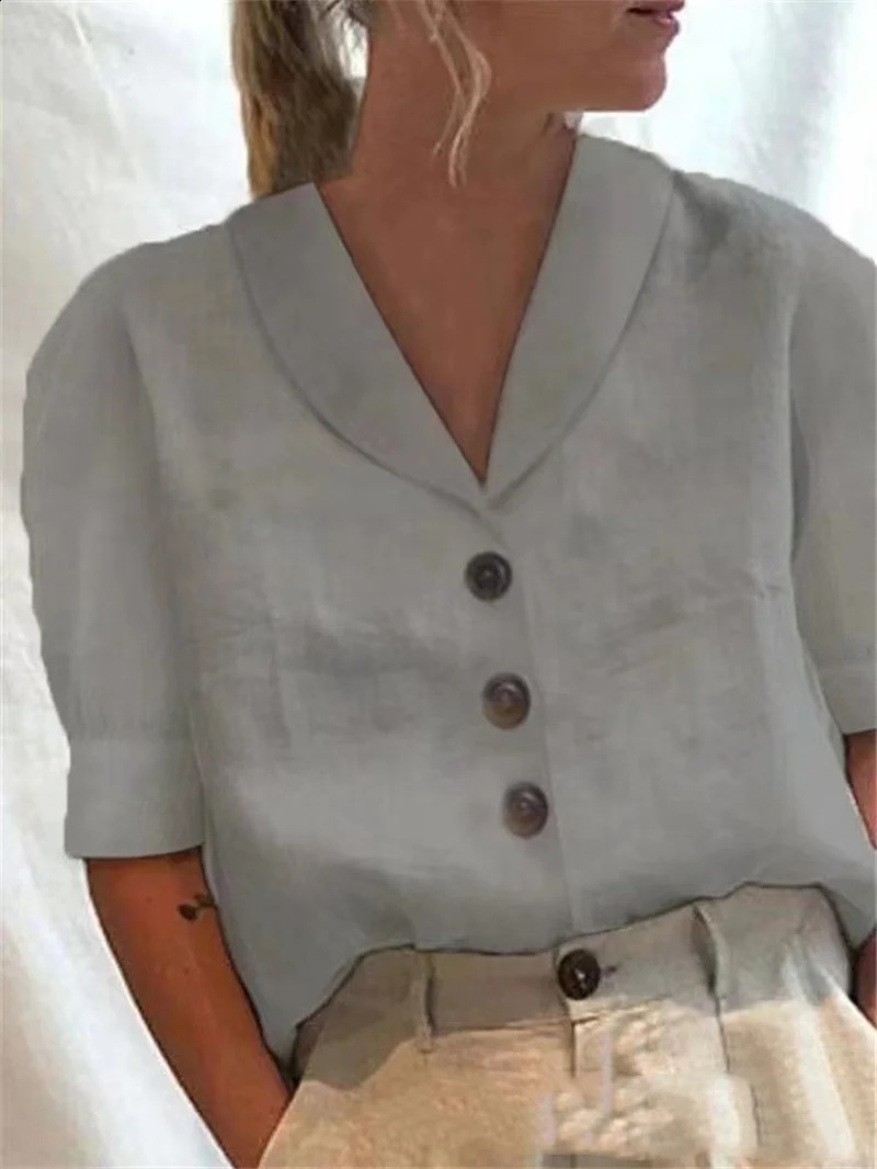 Simple Style Solid Color Cotton Linen Shirt Women Single-breasted Cardigan Lapel Blouse Female Casual Bubble Half Sleeve Top 250318