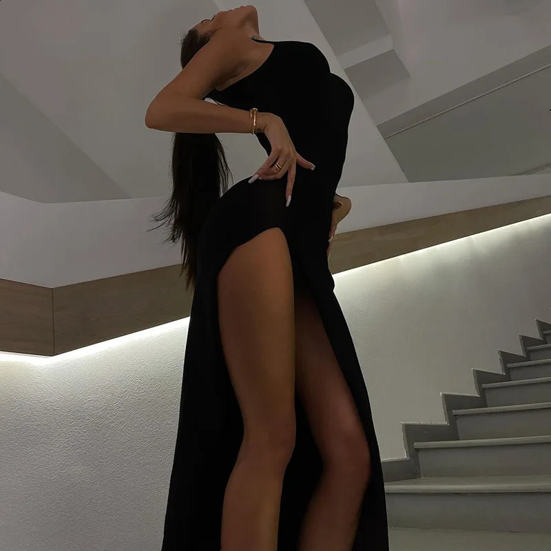 Y2k Sleeveless Orange Midi Womens Dresses Side Slit Turtleneck Setting Bodycon Sexy Party Elegant Dress Basic Vintage Robe 250319