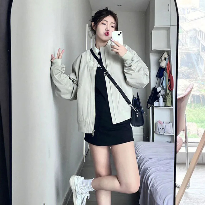 Lucys autumn gray baseball uniform jacket American loose zipper bomber Harajuku streetwear 250319