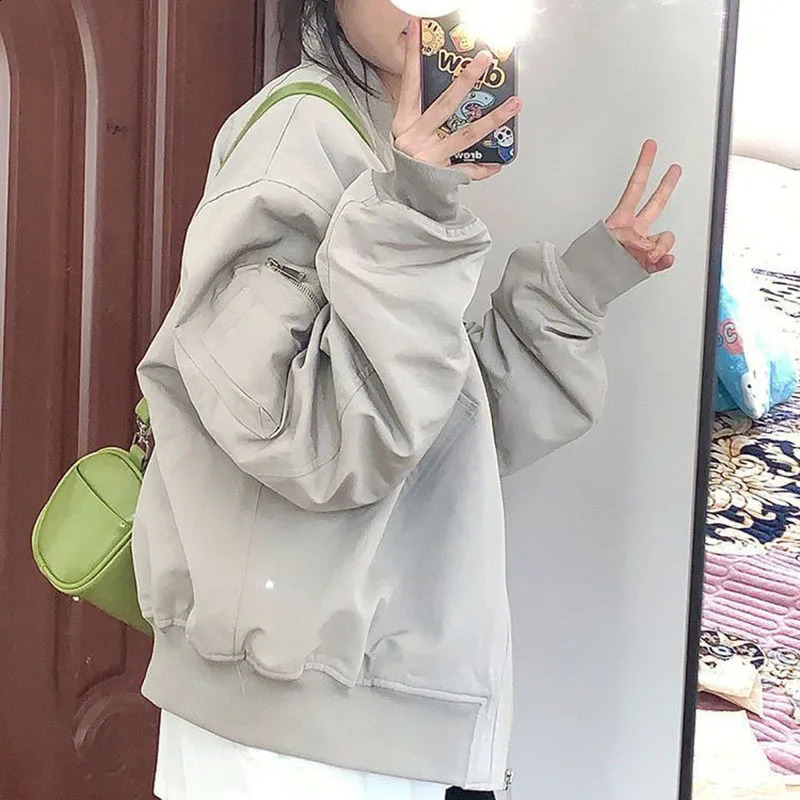 Lucys autumn gray baseball uniform jacket American loose zipper bomber Harajuku streetwear 250319