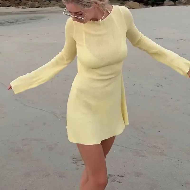 Beach Style Backless Sexy Dress Women Elegant Long Sleeve Slim Fit Short Dress Boho Holiday Summer Streetwear Y2K Outfits 250319
