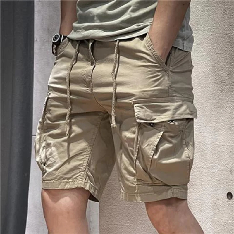 Half Mens Cargo Shorts Solid With Draw String Khaki Male Bermuda Short Pants Summer Korean Style Baggy Elastic Waist Homme Y2k 250319