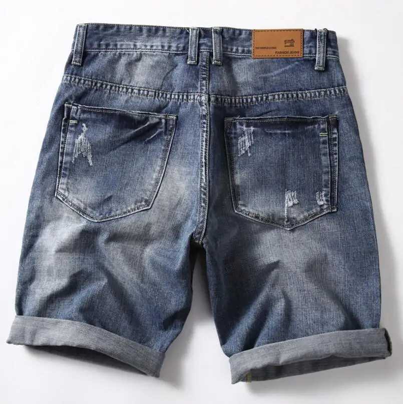Mens blue stretch denim shorts paired with high-quality stretch casual denim jeans new summer shorts size 42 W250319