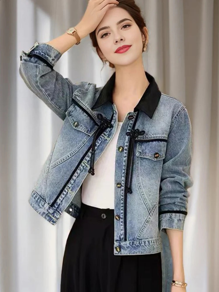 2024 Spring Denim Coat and Jacket Womens Splicing Work Color Chinese Style Tie Long Sleeve Blue Jeans 250319