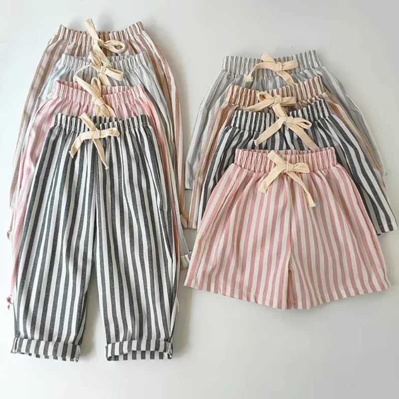 Retro Hemp Cotton Striped Boys Pants with A Casual and High-end Design Elastic Waist Girls Clothing Childrens PantsT250318