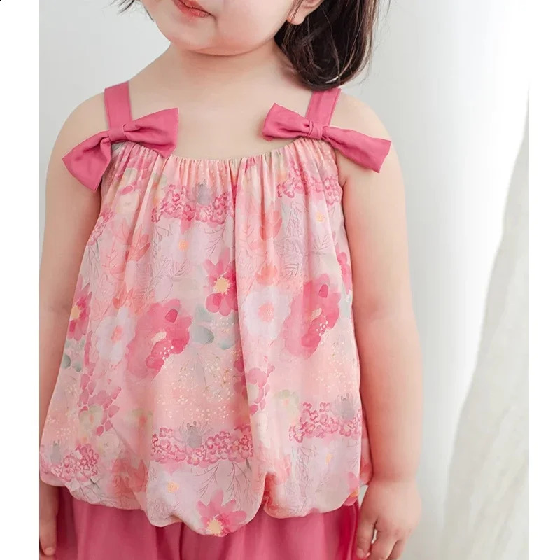 Pink Kids Girls Clothes 2025 Girls Cheongsam Top Pants Set Childrens Vest Flower Bud Pants Summer Childrens Clothing 250319