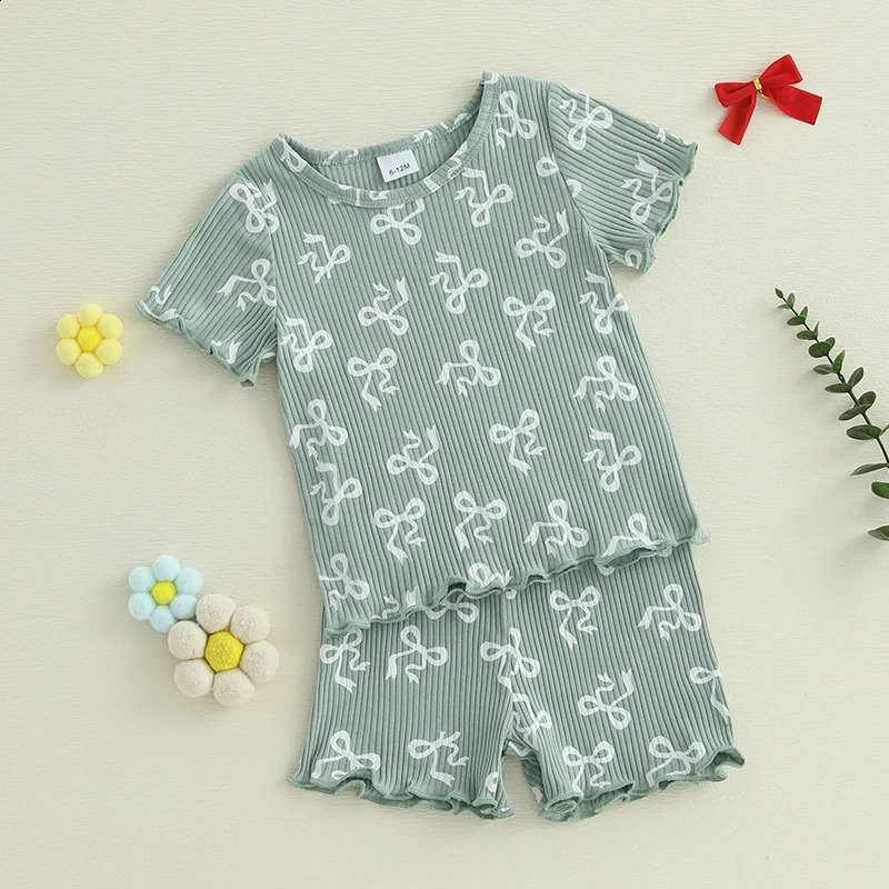 Adorable Infant Girl s Summer Clothes Set with Cute Bow n and Stylish Ruffled Trim Crew Neck Tee and Shorts Outfit 2 250319