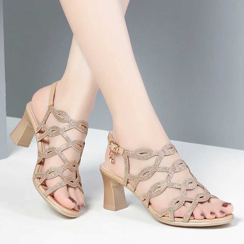 New Arrival Womens Sandals Soft Leather PU Med Block High Heel Sandals Black Thick Platform Shoes Womens Open Toe Party Wedding Shoes T250318