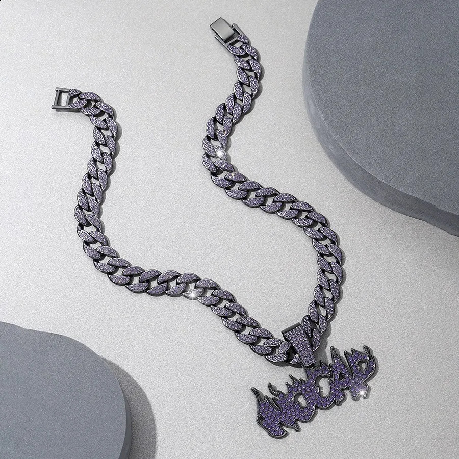 NL2119 Purple NOCAP Cuban Chain Jewelry Alloy and Rhinestone Hip Hop Flame Letter Pendant Necklace Rock Jewelry 250313